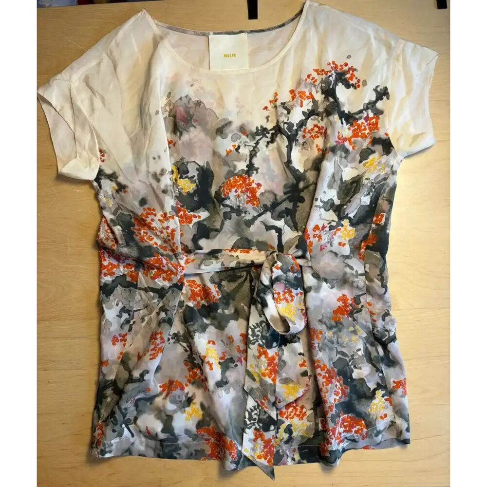Maeve by Anthropologie 100% Silk Watercolor Floral Blouse with Waist Tie Medium